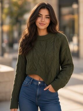 Thinkable Free Size Cozy Cable-Knit Cropped Sweater - Olive Green